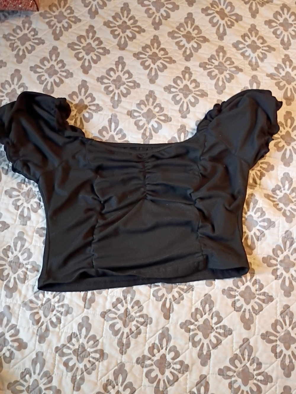 Black Ruched Puff Sleeve Crop Top - Women Size Medium